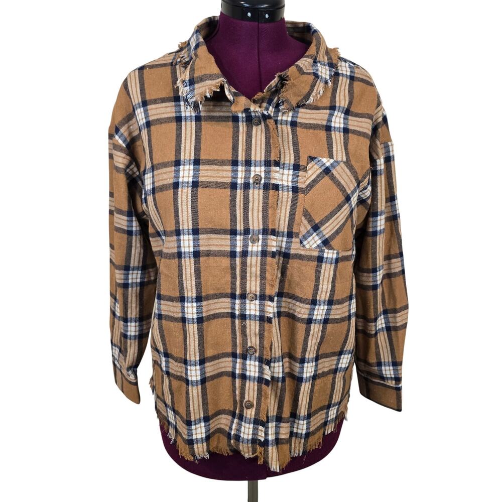 NEW NWT Women's Very J Brown Blue Plaid Flannel Shirt Fringe Trim | Size Small
